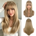 Light brown Golden Blunt Bangs Long Wavy Cosplay Wig High-Temperature Fiber