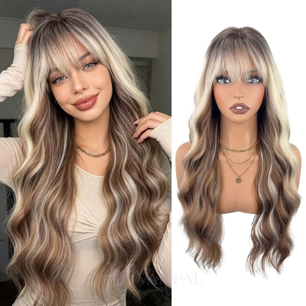 R Gradient Brown Long Curly Brown Wig Natural Wavy Full Head