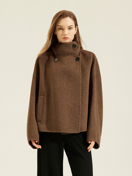 Double-Faced Wool Alpaca Short Coat With Rabbit Fur Trim