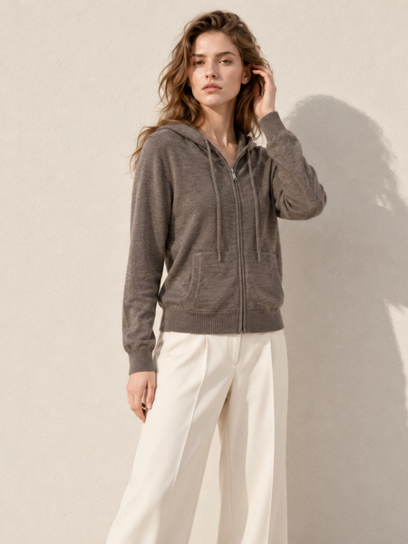 Kaschmir-Woll-Strick-Kapuzencardigan Damen