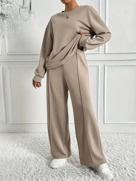 Women's Solid Color Crew Neck Sweatshirt And Sweatpants Two-Piece Set