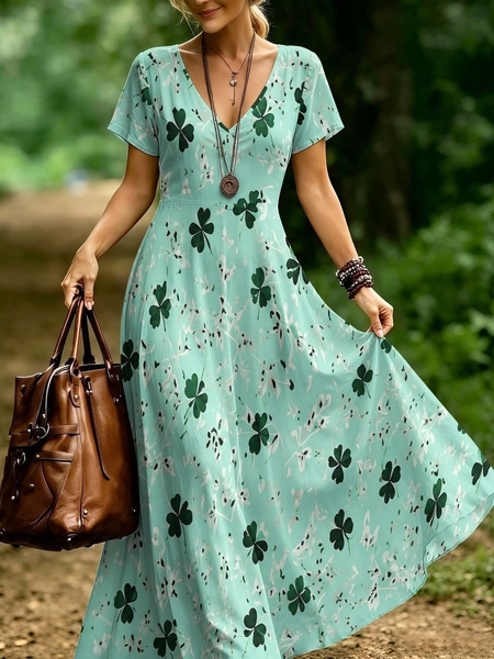 Retro-V-Ausschnitt-Kurzarm-Bedrucktes-Strandkleid