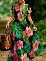 Retro-V-Ausschnitt-Kurzarm-Bedrucktes-Strandkleid