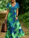 Retro-V-Ausschnitt-Kurzarm-Bedrucktes-Strandkleid