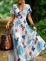 Retro-V-Ausschnitt-Kurzarm-Bedrucktes-Strandkleid