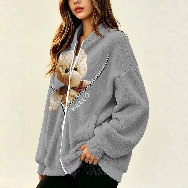 Colorful Plant Print German Velvet Zip Jacket For Women