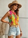 Henley Neck Printed Button Sleeveless Tank Top