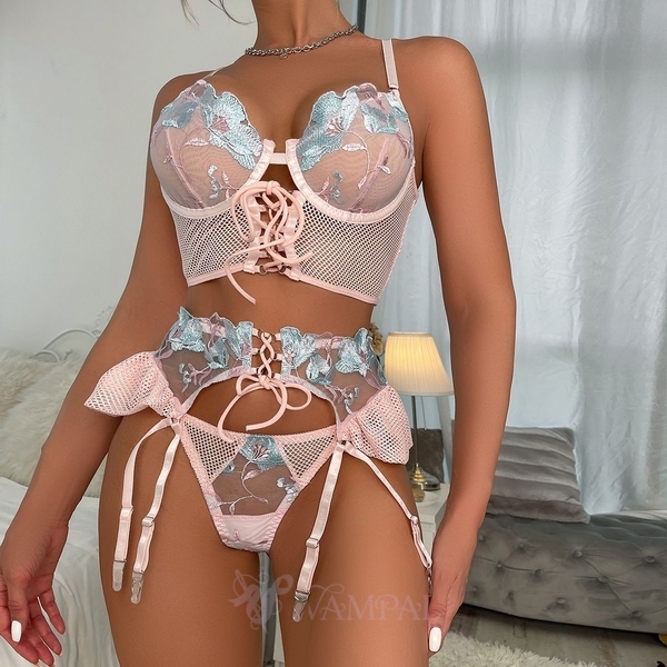 Embroidered Sheer Cutout Lace Push-Up 3-Piece Lingerie Set
