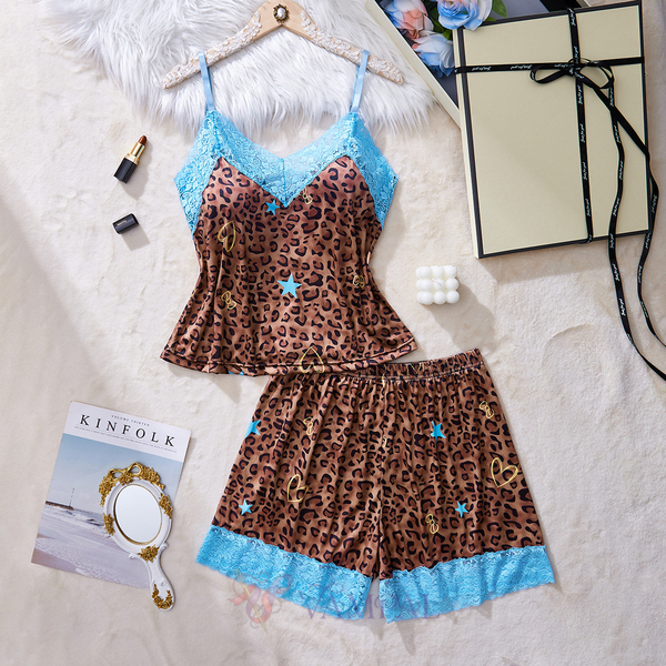 Leopard print Leopard Print Lace Splicing Cami And Shorts Loungewear Set For Women