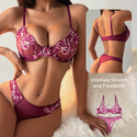 Bordeauxrotes Push-Up-BH-und-Höschen-Set aus Spitze mit hohlem Dreiecksdesign