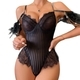 Schwarzes U-förmiges rückenoffenes Mesh-Bodysuit mit Litzenspitzen-Paneelen, Längsstreifen und Federfransen