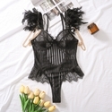 Black Lace-Paneled Vertical-Stripe Mesh U-Shaped Open-Back Bodysuit With Feather Fringe