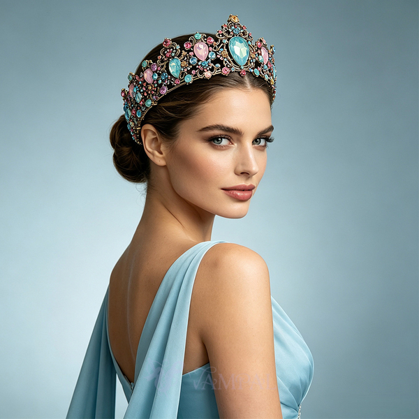 Vintage Gold Alloy Bridal Crown With Colorful Rhinestones