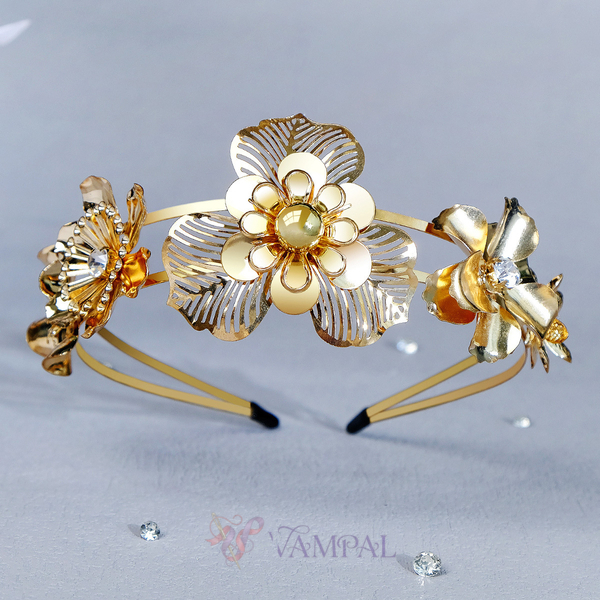 Gold TS-J3101G Double-Layer Metal Flower Bridal Headband