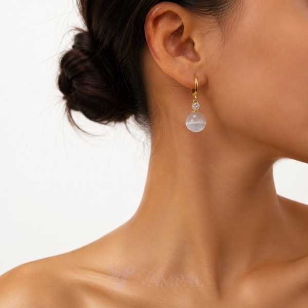 Gentle Style Cat-Eye Bead Earrings Cat-Eye Ball Ear Cuffs With Sparkling Rhinestones