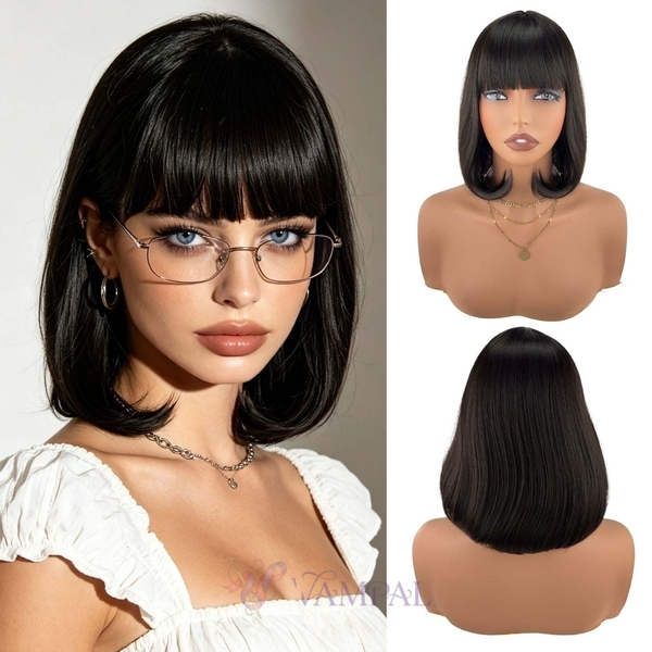Black Bob Wig With Blunt Bangs Short Straight Synthetic Hair