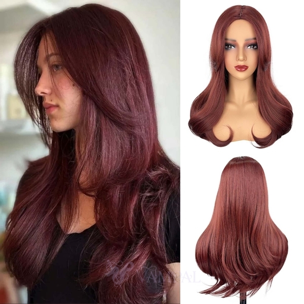 Burgundy Wine Red Gradient Long Curly Wavy Synthetic Wig For Women