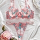 Rosa Mesh florale Stickerei Unterbrust-Push-Up-BH und T-Back-Set