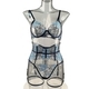 Navy blue Navy Blue Lily Embroidery Sheer Mesh Lingerie Set With Garter