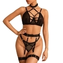 Black European American Style Mesh See-Through Strappy Lingerie Set