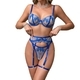 Blue Blue Embroidered Lace Garter Lingerie Set Sheer Mesh Push-Up Bra