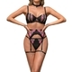 Black Rose Embroidery Push-Up Mesh Lingerie Set With Chain Garter