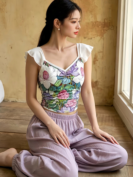 Printed Flutter Sleeve Cropped Yoga Bra Tank Top