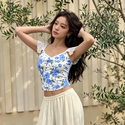 Printed Flutter Sleeve Cropped Yoga Bra Tank Top
