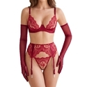 Burgundy Wine Red Lace Lingerie Set With Gloves Push-Up Bra Vintage Embroidery
