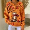 Cute Cat Maple Leaf Print Button Sweatshirt