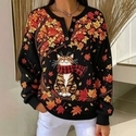 Cute Cat Maple Leaf Print Button Sweatshirt