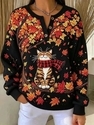 Cute Cat Maple Leaf Print Button Sweatshirt