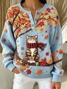 Cute Cat Maple Leaf Print Button Sweatshirt