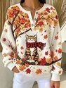 Cute Cat Maple Leaf Print Button Sweatshirt