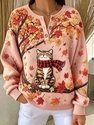Cute Cat Maple Leaf Print Button Sweatshirt