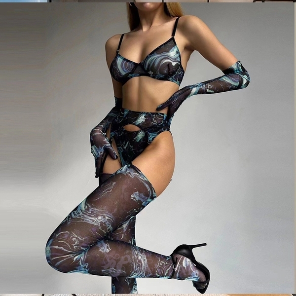 Tie-Dye Colorful Push-Up Mesh Lingerie Five-Piece Set