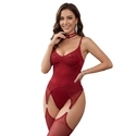 Wine red Spaghetti Strap Slimming Shapewear Bodysuit With Stockings