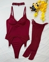 Wine red Spaghetti Strap Slimming Shapewear Bodysuit With Stockings