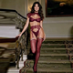 Burgunderrotes Weinrotes Spitzen-Mesh-Transparent-6-Teiler-Dessous-Set Mit Stola