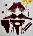 Burgundy Wine Red Lace Mesh Sheer 6-Piece Lingerie Set With Shawl