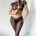 Schwarzes Blumen-Spitzen-Cutout-Vintage-Schnallen-Shapewear-Dessous-Zweiteiler-Set
