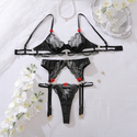 Black Embroidered Patent Leather Push-Up Shapewear Three-Piece Set