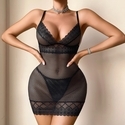 Black Deep V Sheer Lace Cutout Mesh Bodysuit Cami Two-Piece Set