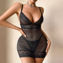 Black Deep V Sheer Lace Cutout Mesh Bodysuit Cami Two-Piece Set