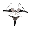 Schwarzes Transparent-Blumenstickerei-Perlenkette-Dessous-Zweiteiler-Set