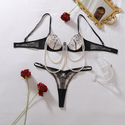Schwarzes Transparent-Blumenstickerei-Perlenkette-Dessous-Zweiteiler-Set