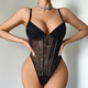 Black French Lace Sheer V-Neck Corset Bodysuit