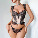 Black skin tone Eyelash Lace Spliced Hollow-Out Sheer Mesh Shapewear Two-Piece Set