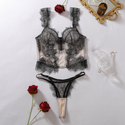 Black skin tone Eyelash Lace Spliced Hollow-Out Sheer Mesh Shapewear Two-Piece Set