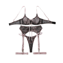 Schwarzes Rosa Blumen-Spitzen-Mesh-Shapewear-Dessous-Set Mit Schleife